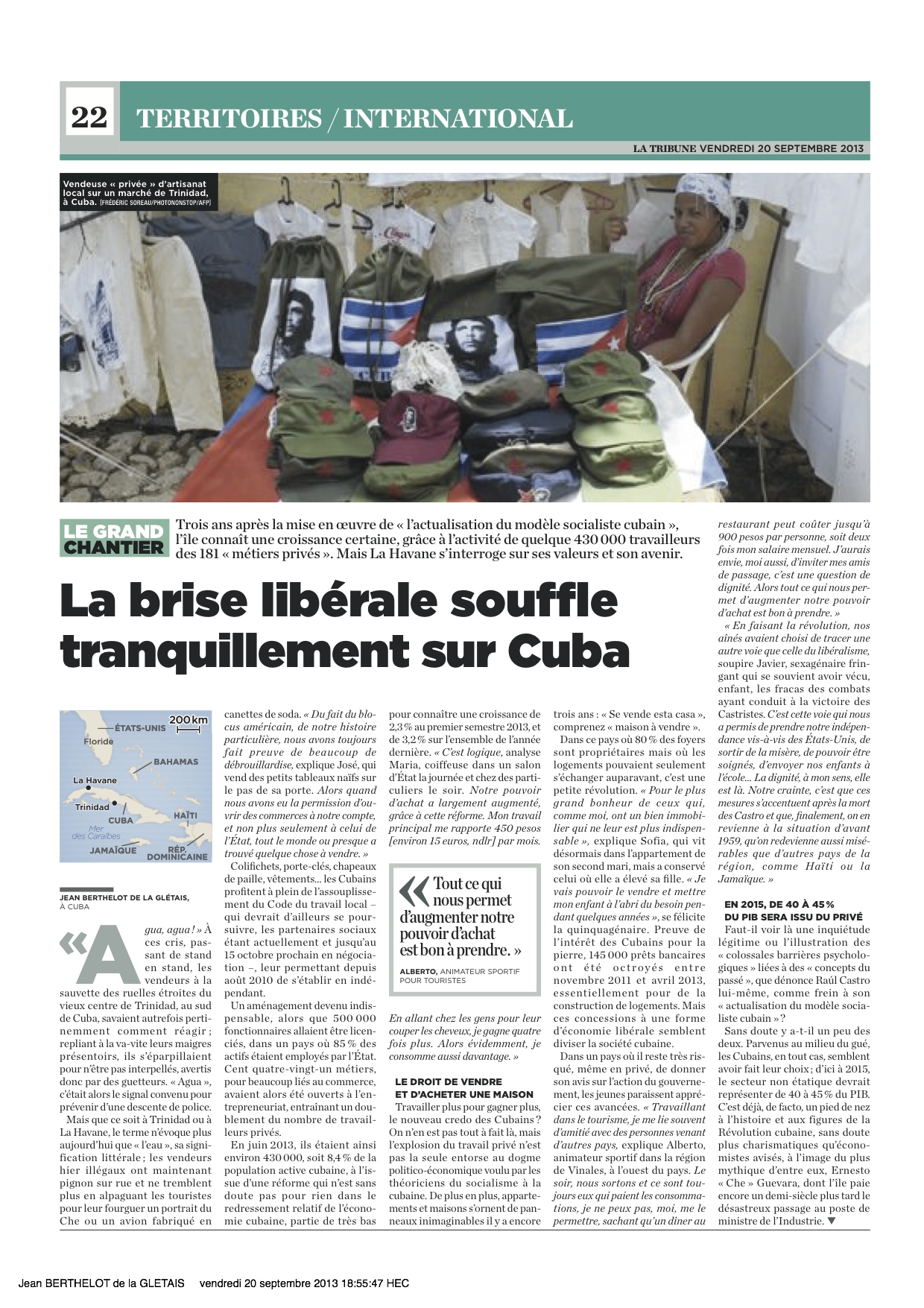 Première page de l’article de La Tribune consacré à Cuba