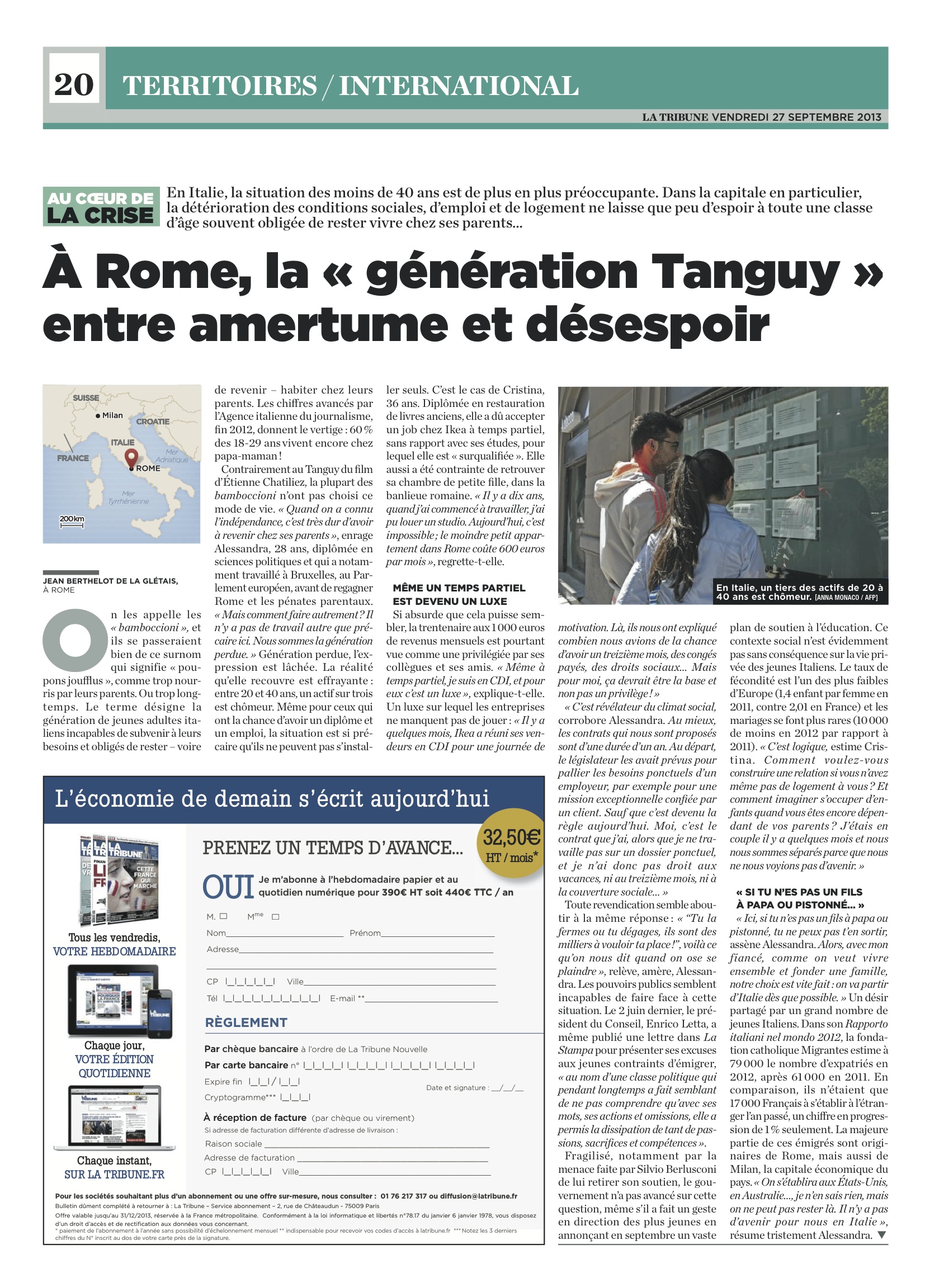 Première page de l’article de La Tribune sur la génération Tanguy à Rome
