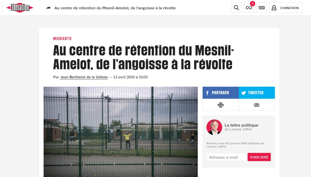 Article de Libération consacré au centre de rétention du Mesnil-Amelot