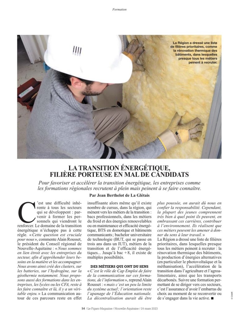 Page de l’article « La transition énergétique, filière porteuse en mal de candidats » dans Le Figaro Magazine